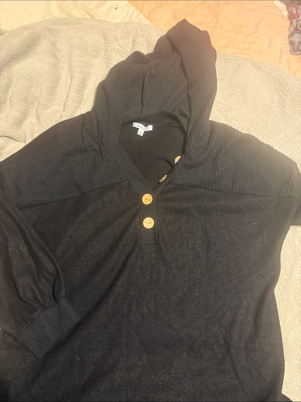 white birch Black V-Neck Hooded Sweater with Wood Buttons